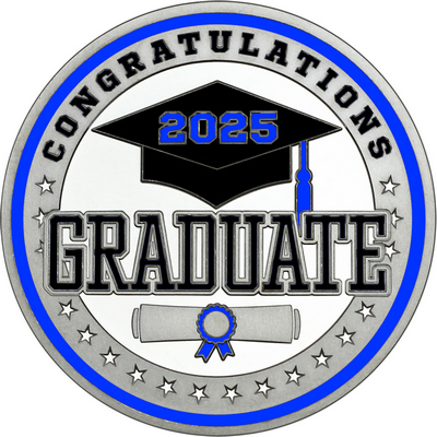 Black "Congratulations Graduate" with Royal Blue 2025, Rim, Tassel & Ribbon